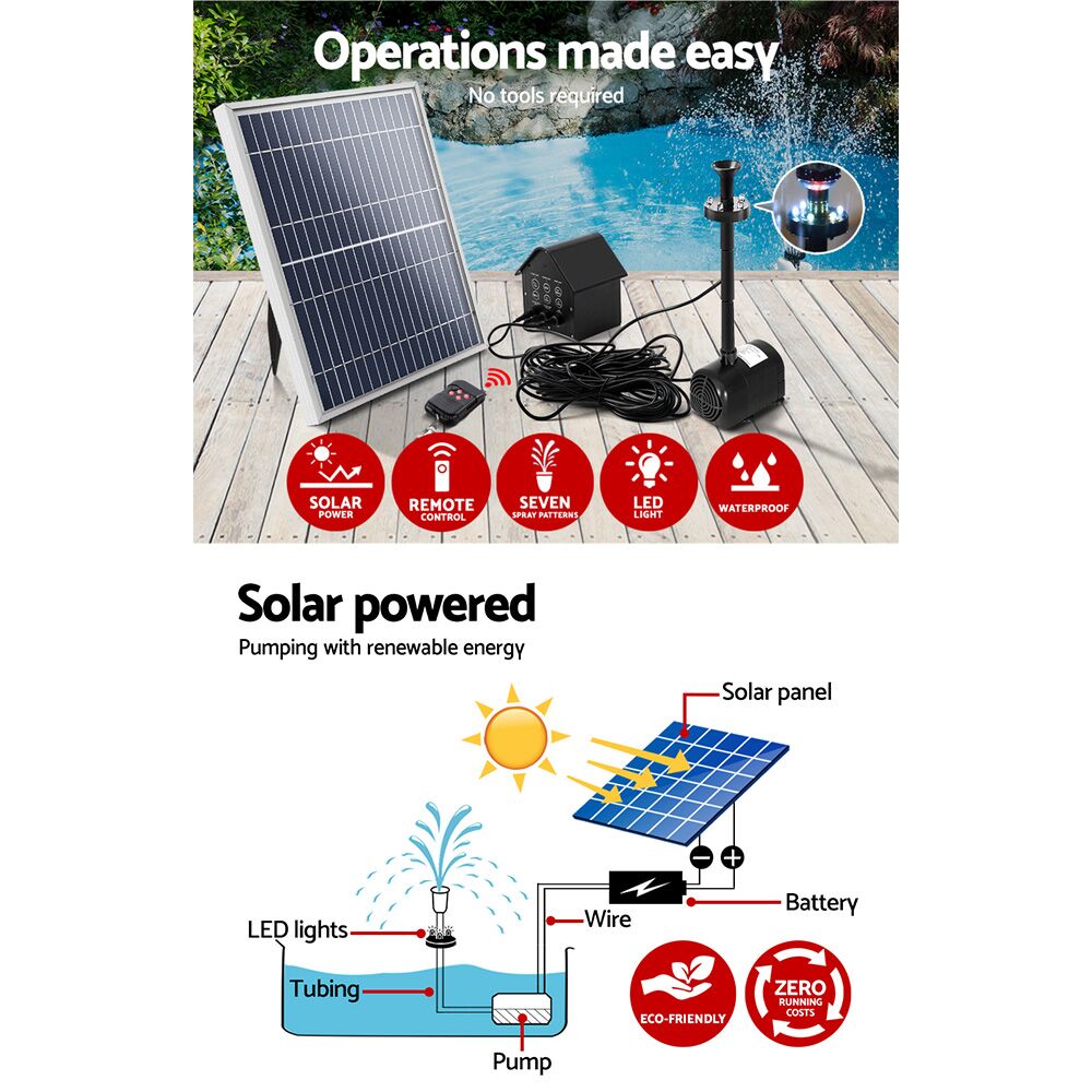 Solar Pond Pump Water Fountain Kit with Battery Back-Up, Adjustable Water Flow, Timer and LED Lighting 330L/H 2.7m Lift - Image 4