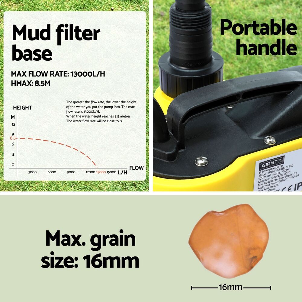 750W Submersible Dirty Clean Water Pump Pool Flood Pond 13,000L/H 8.5m Lift - Image 6