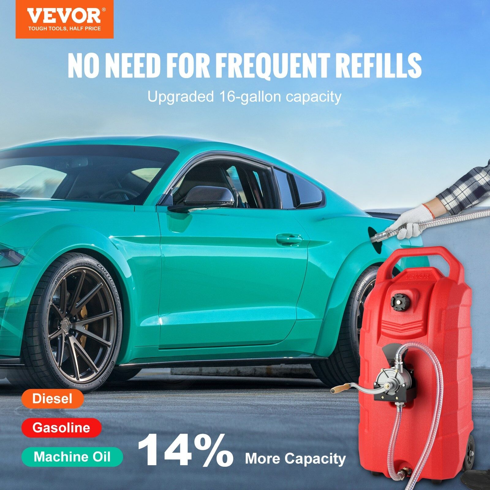 VEVOR 60L Fuel Caddy 7.8L/min Gas Tank w/ Hand Pump & Wheels - Image 2