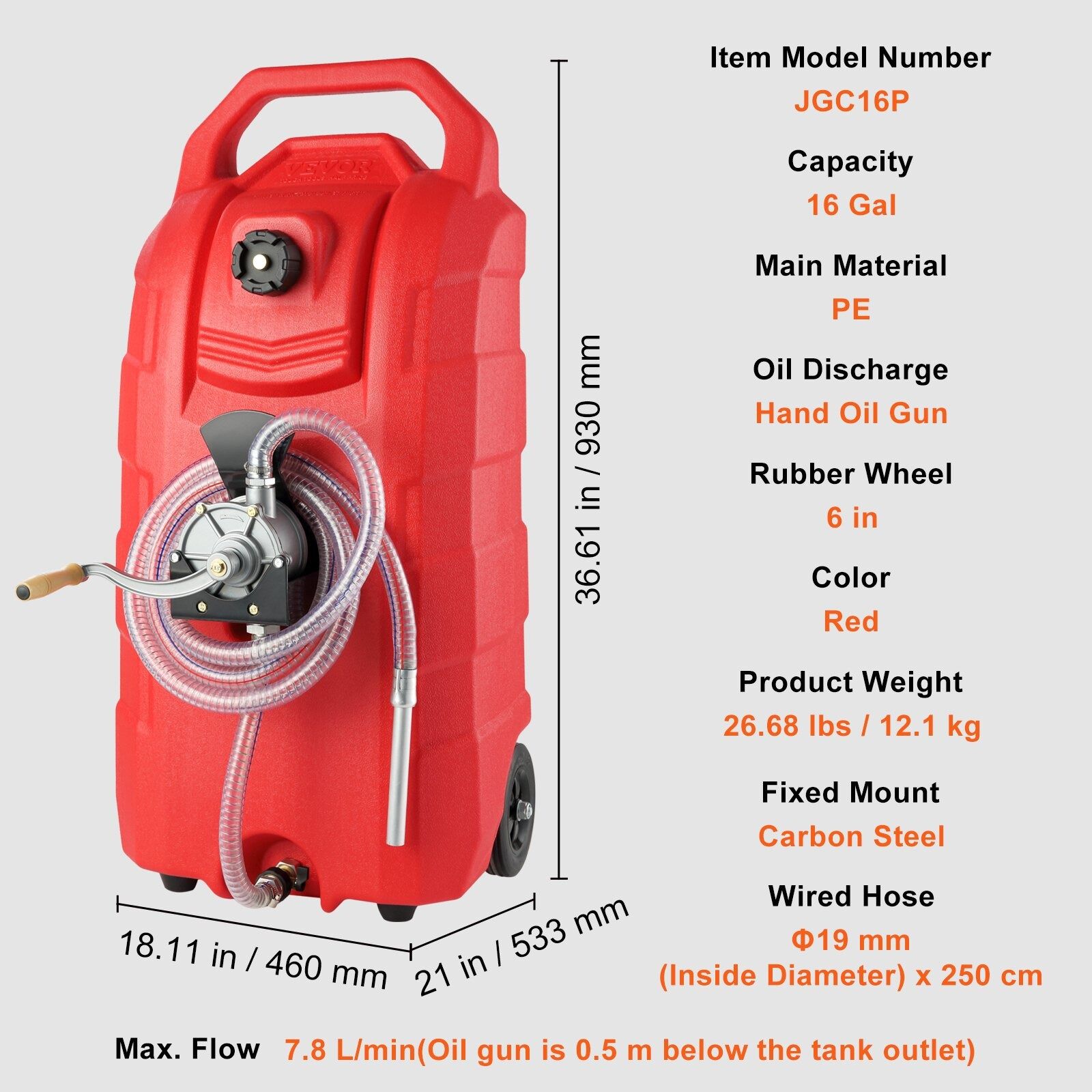 VEVOR 60L Fuel Caddy 7.8L/min Gas Tank w/ Hand Pump & Wheels - Image 7