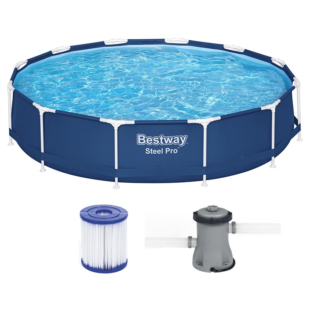 Bestway Swimming Pool 366x76cm Steel Frame Round Above Ground Pools w/ Filter Pump 6473L Blue